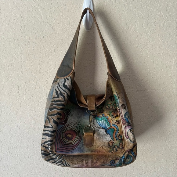 Anuschka | Women's Genuine Leather Hand-painted Butterfly Floral Shoulder Bag - Picture 1 of 15